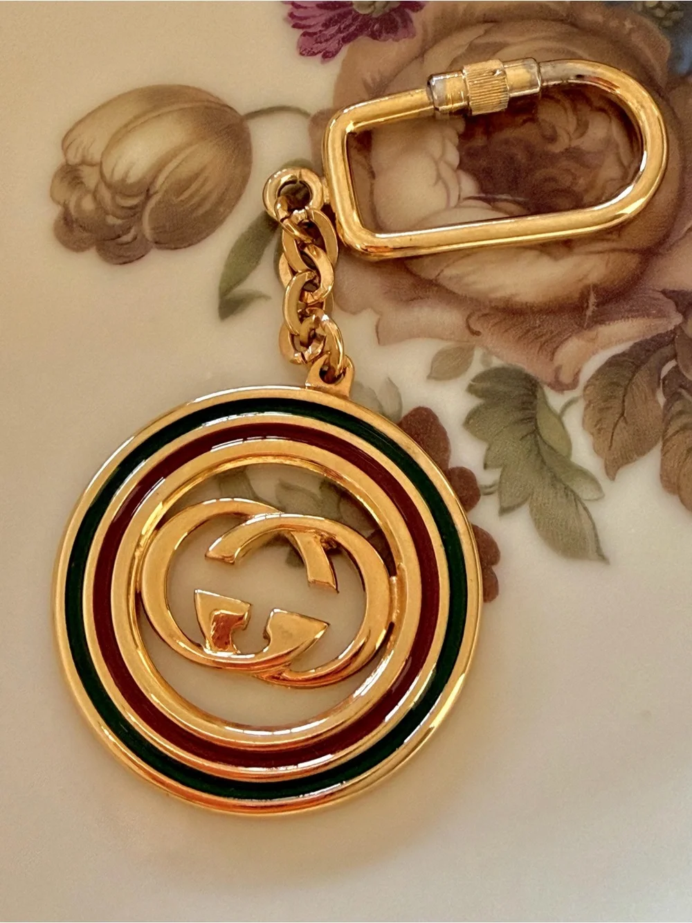 Gucci Gold Tone Keychain with Green and Red Accent